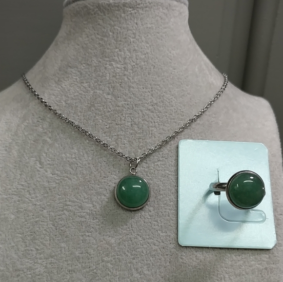 Aventurine Necklace & Ring Set Natural Gemstone Adjustable Stainless-Steel Ring - Picture 4 of 11